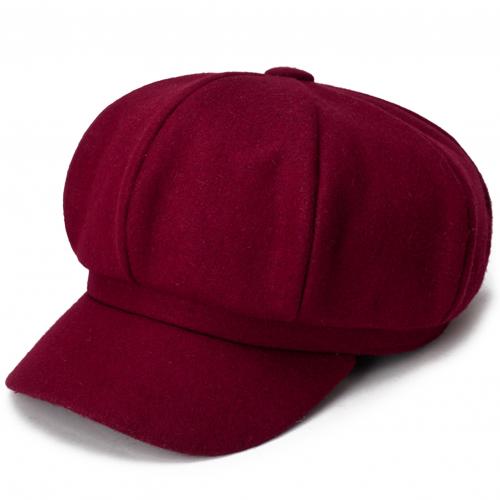 Women's hat Autumn Winter Warm Octagonal Hat Woolen Cloth Casual Beret Cap Solid Artist Painter Newsboy Hats Black Grey: Wine Red