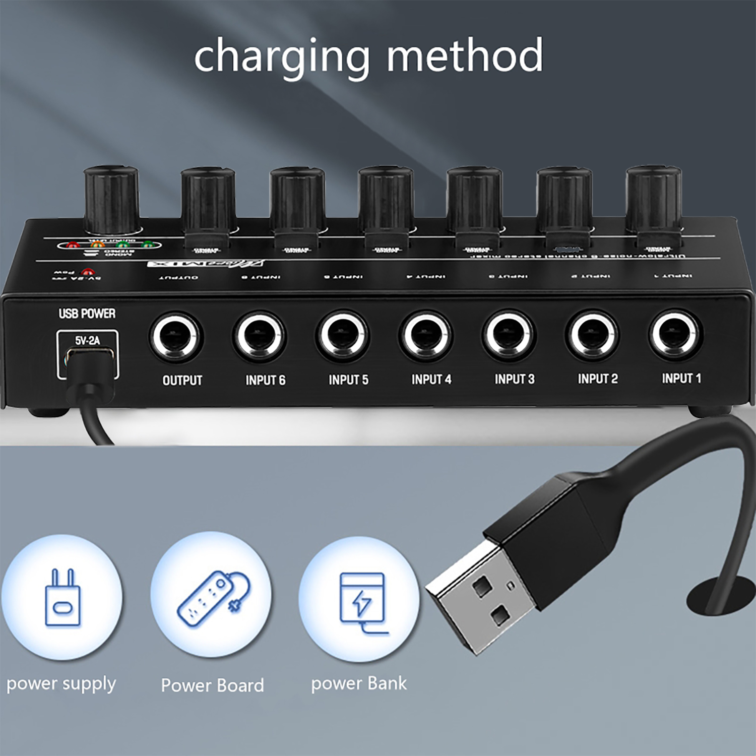 Ultra Low-Noise 6 Channels Audio Mixer Sound Mixer Stereo Mixer 6.35MM Portable USB Powered for Recording