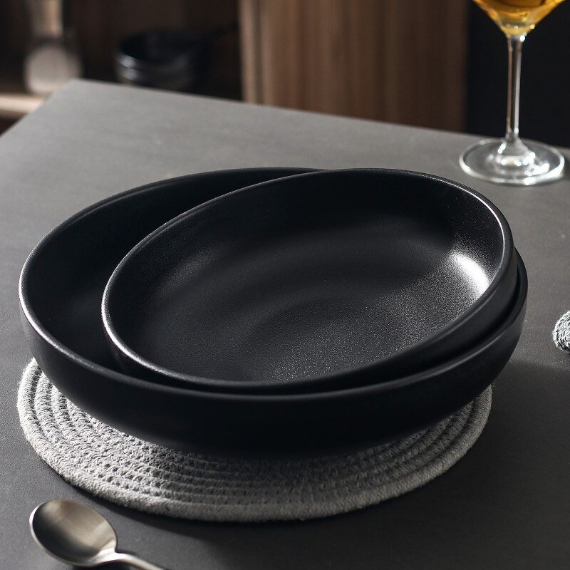 Plato de cerámica redondo negro mate, Platos poco profundos de alta gama para restaurante, plato occidental para carne, cocina, fruta, ensalada, Sushi, vajilla