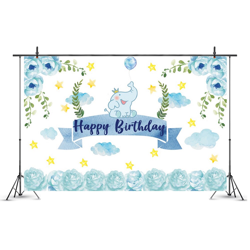 Blue Flowers and Elephant Birthday Backdrop Photography Background Photo Booth Studio Decor: 150x100cm