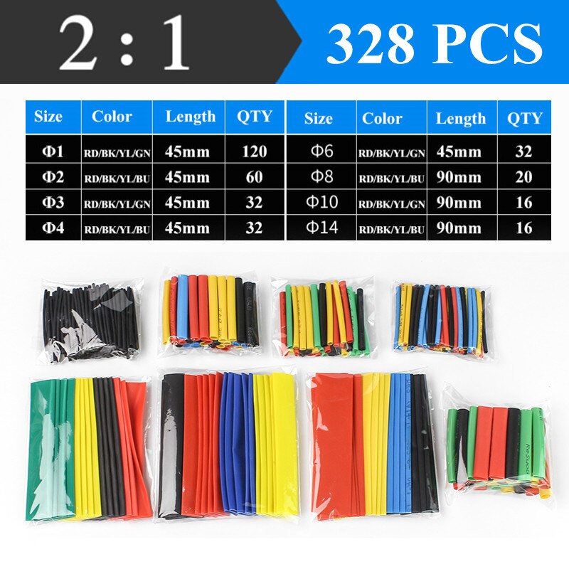 2：1 Shrinking Tubing Assorted Wire Cable Insulation Sleeving,Thermoresistant Tube Heat Shrink Wrapping Kit: 328pcs color Bagged