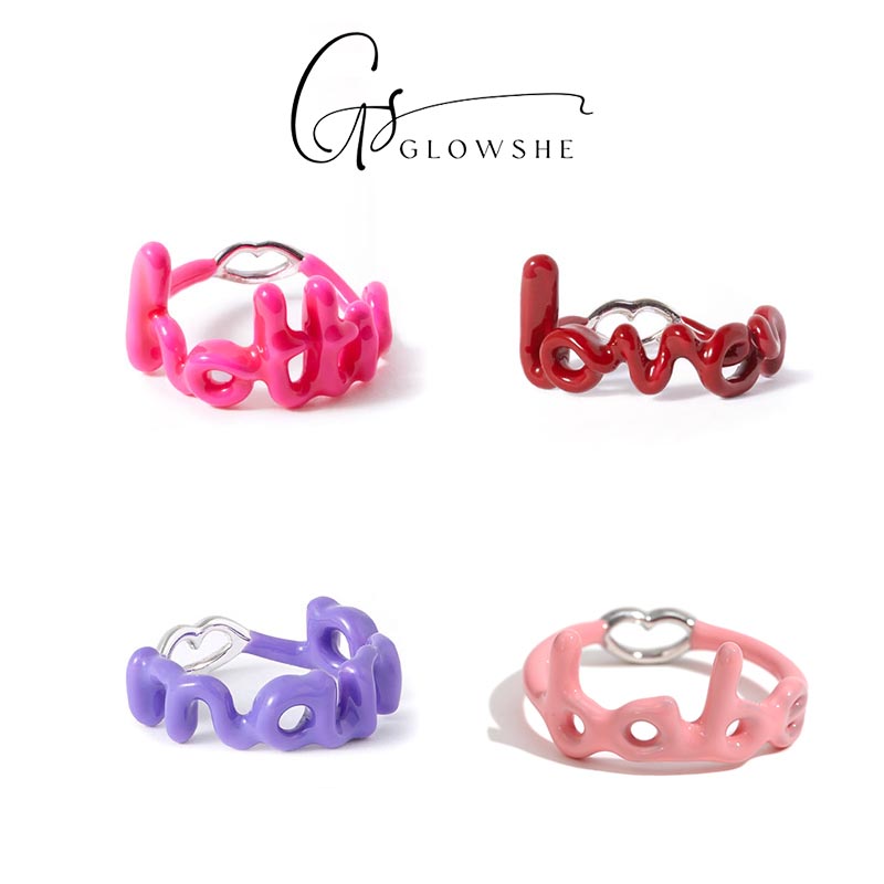 Glowshe Trend Copper Dripping Oil Lip Letter Ring Birthday Party Jewelry Girl's Cute Accessories