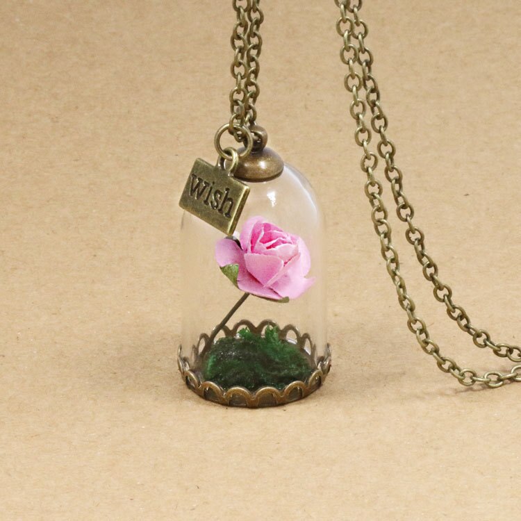 Schoonheid en Het Beest Retro Glazen Flacon Ketting Vlinder Wens Accessoires Ketting Rode Rose Gedroogde Bloem Sieraden voor Vrouwen Meisjes: 3