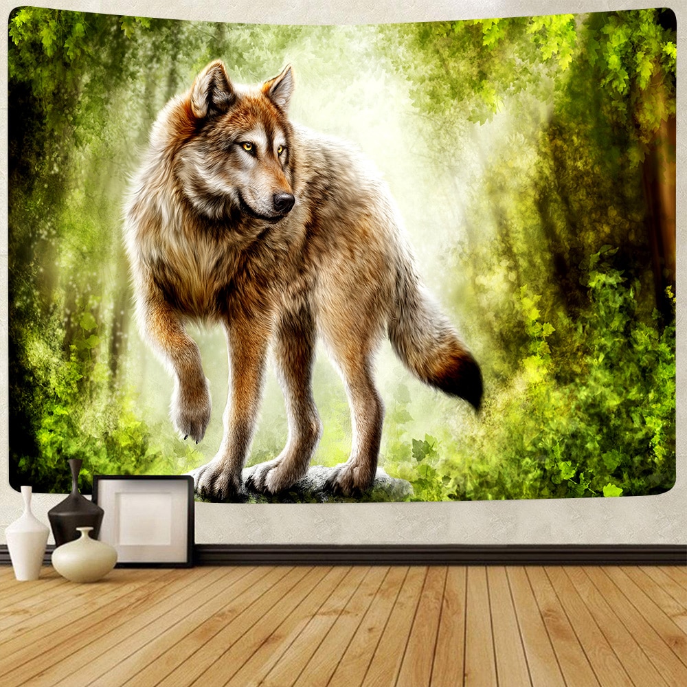 Simsant wolf and forest tapestry animal jungle art vägghängande gobelänger för vardagsrum sovrum sovsal hem filt dekor
