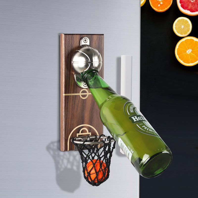 Wijn Bier Flesopener Muurbevestiging Fles Basketbal Flesopener Met Embedded Magnetische Cap Catcher Koelkast Keuken Gadgets