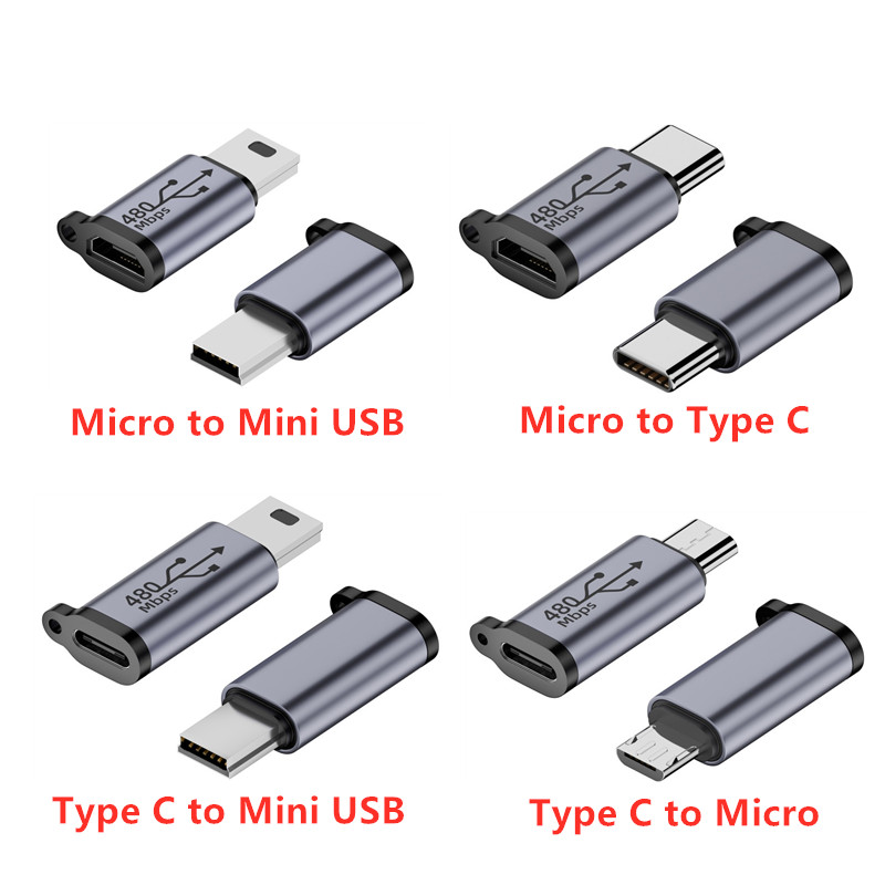 Adaptador de conector tipo C hembra a Micro USB hembra, tipo C hembra a Mini USB, Micro USB hembra a Mini USB