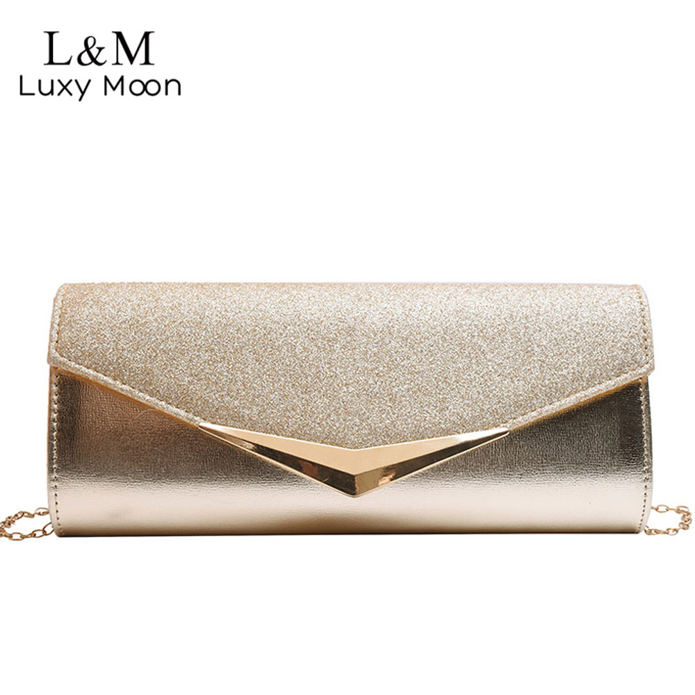 Women Envelope Hand Bag Gold Chain Day Clutch Ladies Bling Glitter Crossbody Bags Wedding Party Dinner Evening Bag Silver XA593H