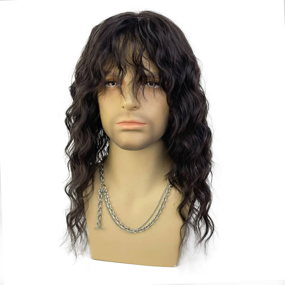 Peluca sintética para hombre, peluca larga marrón Natural rizada Rock Man con flequillo para o Cosplay, peluca de pelo masculino con ondas de agua ajustables: Color negro natural