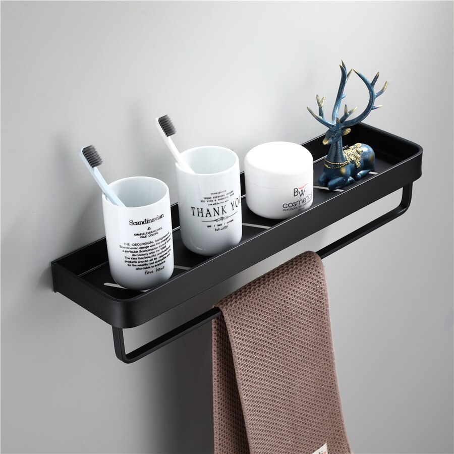 Bathroom Black Shelf with Towel Bar Space Aluminum Corner Shelves Towel Rack with Hook Shampoo Holder Kitchen Storage Rack