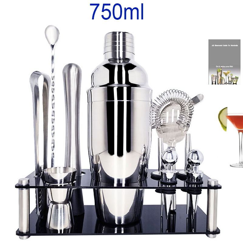 Bar Tool Set Kit Muddler Strainer 550/750ml Tong Spoon Jigger Stainless Steel Cocktail Shaker With Wine Rack Cocktail Recipe