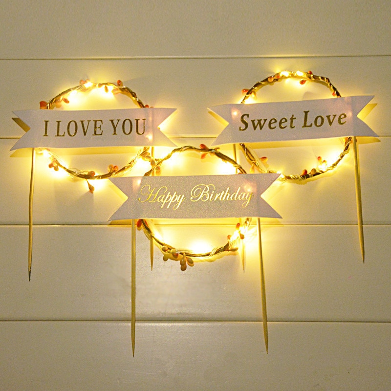 LED Glowing Flower Wreath Cake Topper Happy Birthday Cake Decor for Birthday Party Gold Leaves Cake Toppers