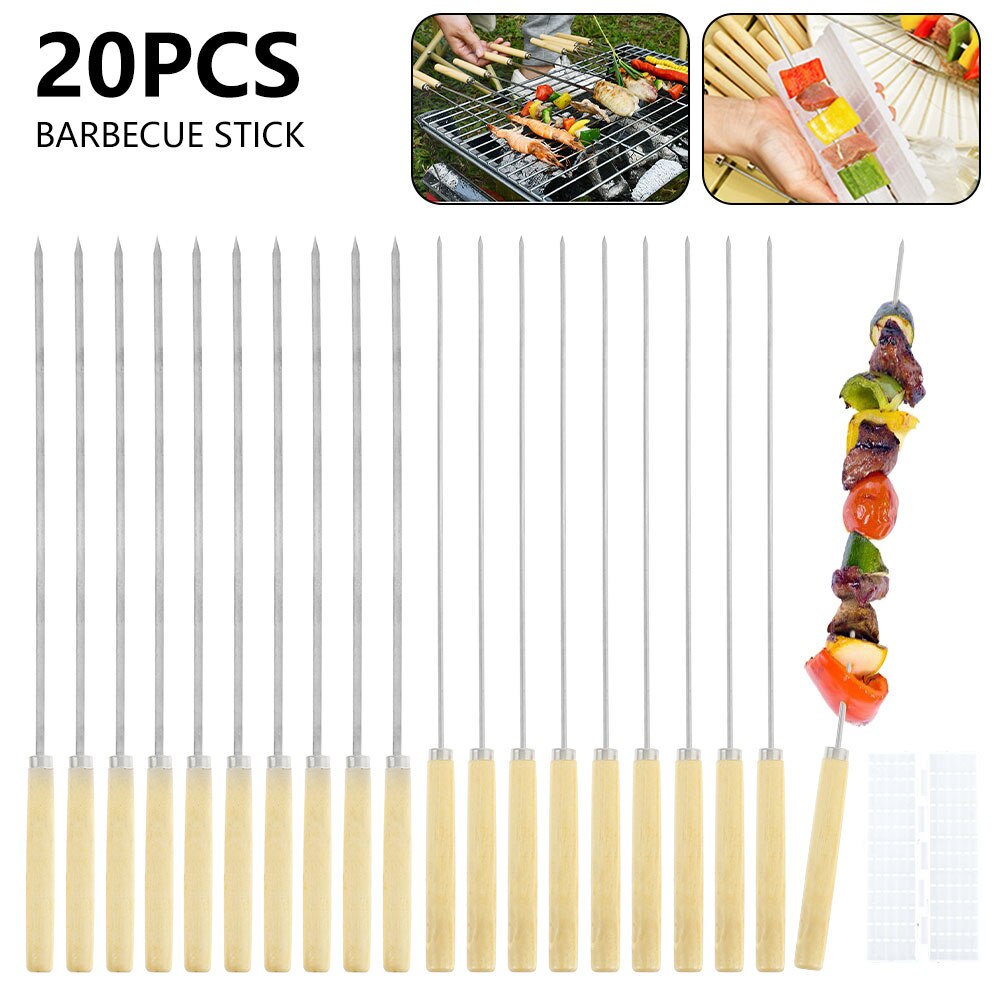 20 Pcs BBQ Barbecue Skewers Stainless Steel Barbecue Grilling Kebab Skewers Needle Reusable Camping BBQ Meat Sticks Kitchen Tool