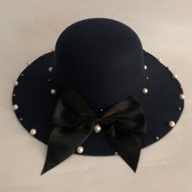 Vinter hatte solid uld blanding sløjfe pære fedoraer til kvinder pige afslappet forårs uld kunstige jazz kasketter simple top hatte: Nary blå