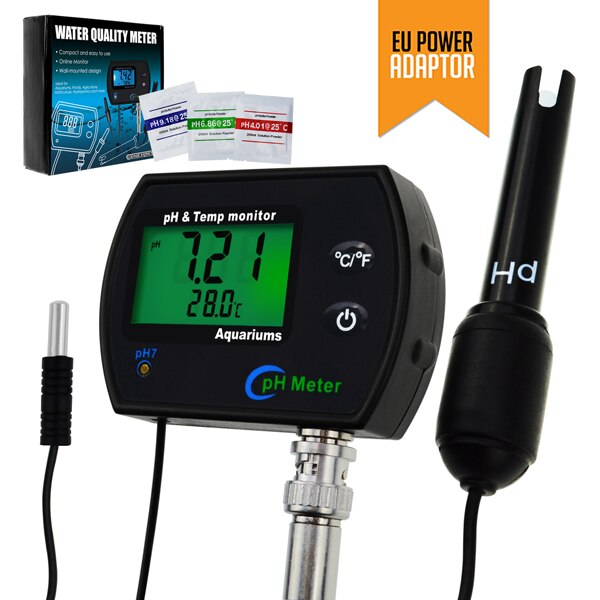 Ph &amp; temperatur 2- i -1 kontinuerlig monitor meter 0.00 ~ 14.00ph grader/ degf udskiftelig elektrode til akvarier hydroponics: Phm -245- eu
