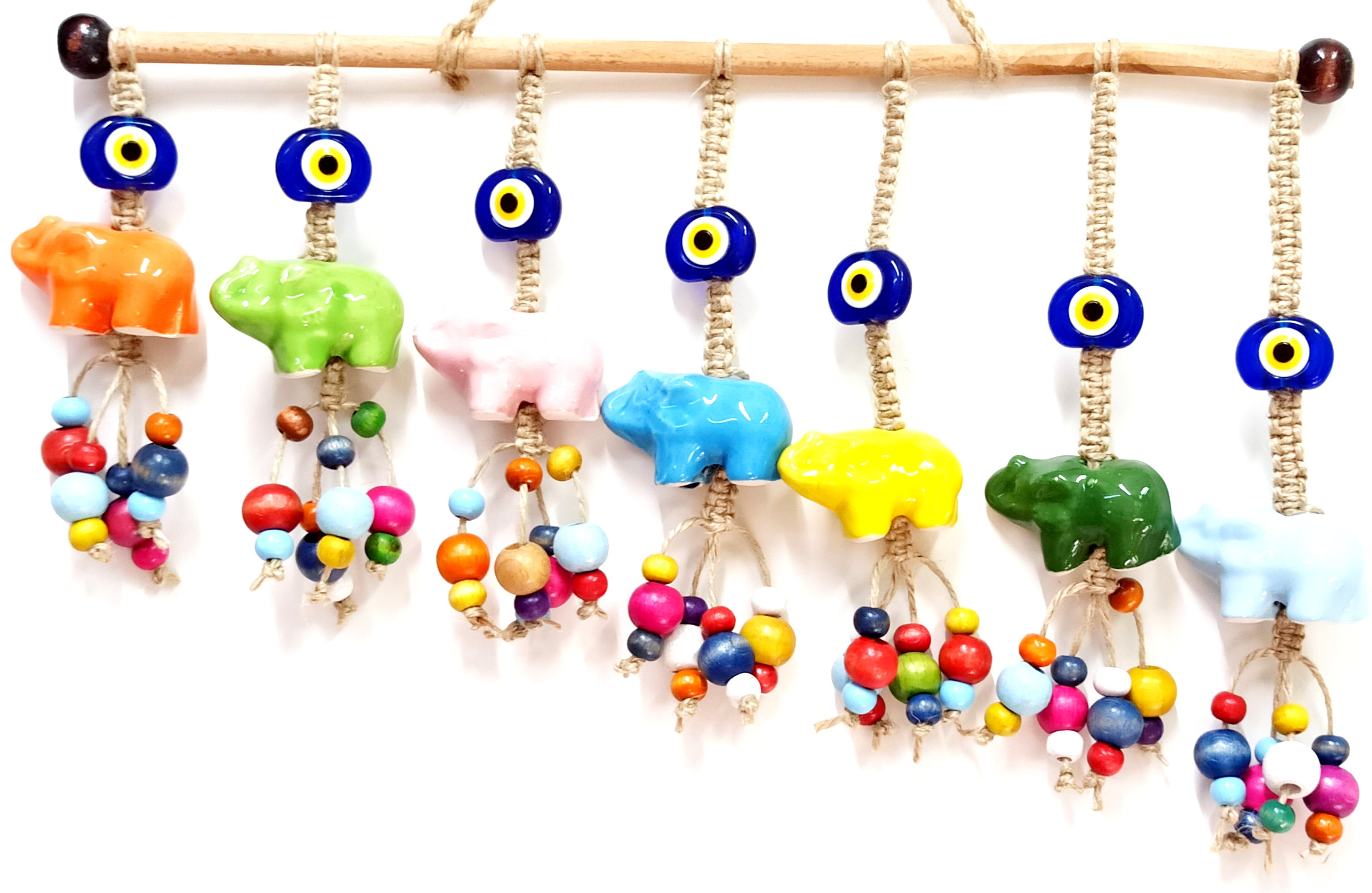 Éléphant en céramique sept, perle de mauvais œil, porte de perles en bois colorées, ornement de mur et de jardin