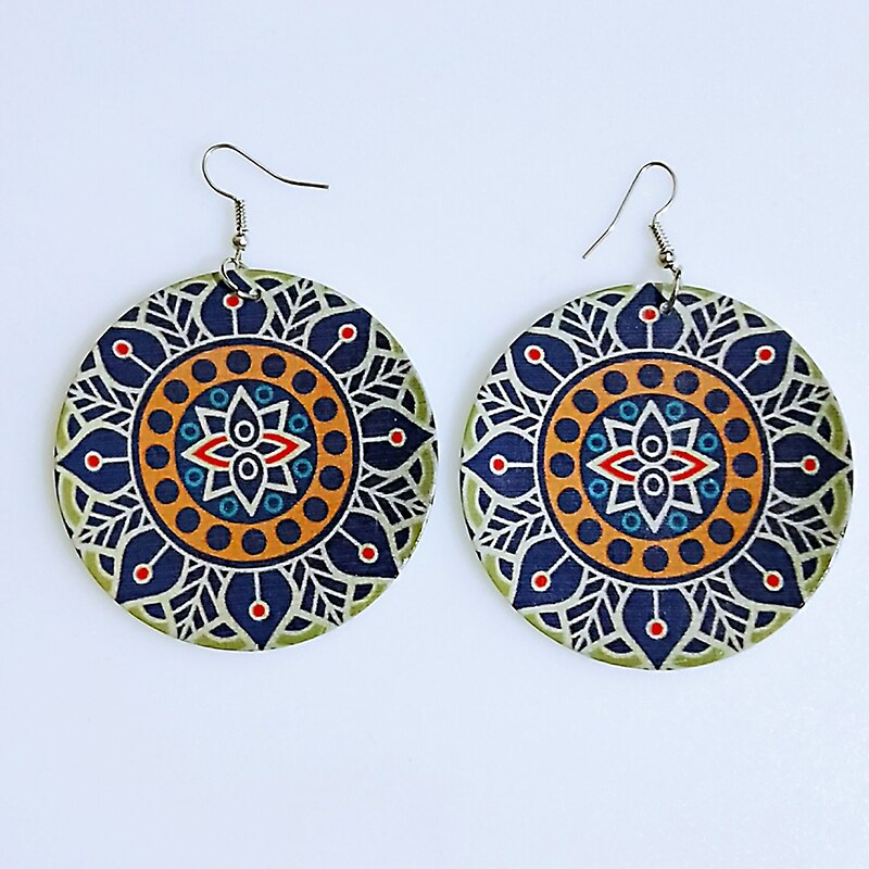Afrykańskie kolczyki w stylu klasyczny drewniane kolczyki w stylu etnicznym kolczyki w stylu etnicznym tkanina wzór nadrukowany pętle na uszy dla damska biżuteria na prezent