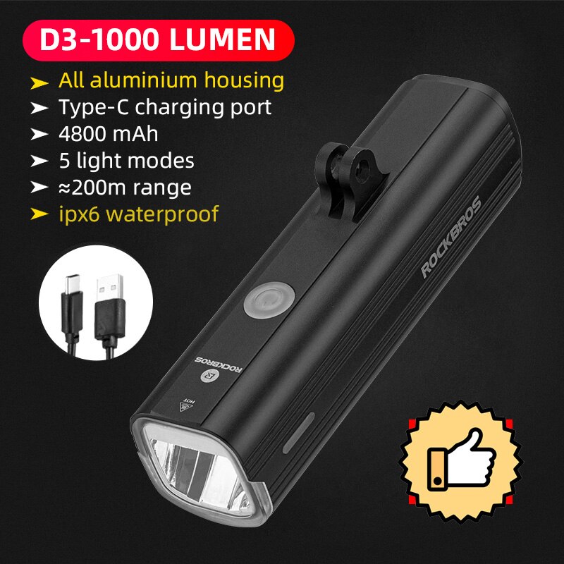 ROCKBROS Bike Front Light IPX6 Waterproof USB Rechargeable Bicycle Light 1000LM Cycling Headlight LED 4800mAh MTB Flashlight: D3-1000