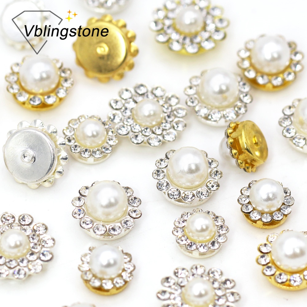 Glitter Crystal 20Pcs Pearl Knoppen Rhinestone Gold/Sliver Platte Achterkant Bloem Steentjes Voor Kleding Diy Jurk Decoratie