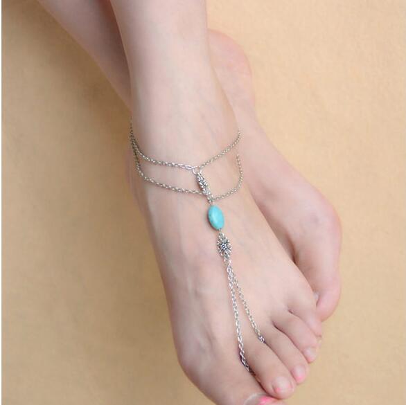 RAVIMOUR klasyczny kolor srebrny bransoletka na kostkę biżuteria na stopy boso sandały obrączka na nóżkę ptaka dla kobiet Tornozeleira Chaine Cheville bijoux: kwiat z Stone