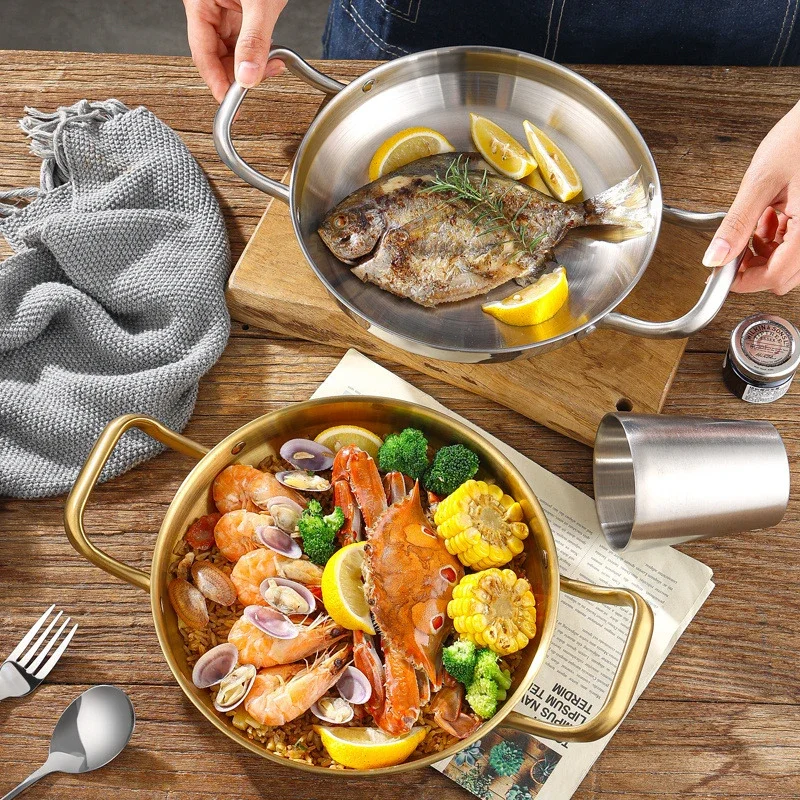 Cuenco de olla seca de acero inoxidable, olla de arroz de mariscos españoles, olla del Ejército Coreano dorada, sartén comercial gruesa de doble oreja