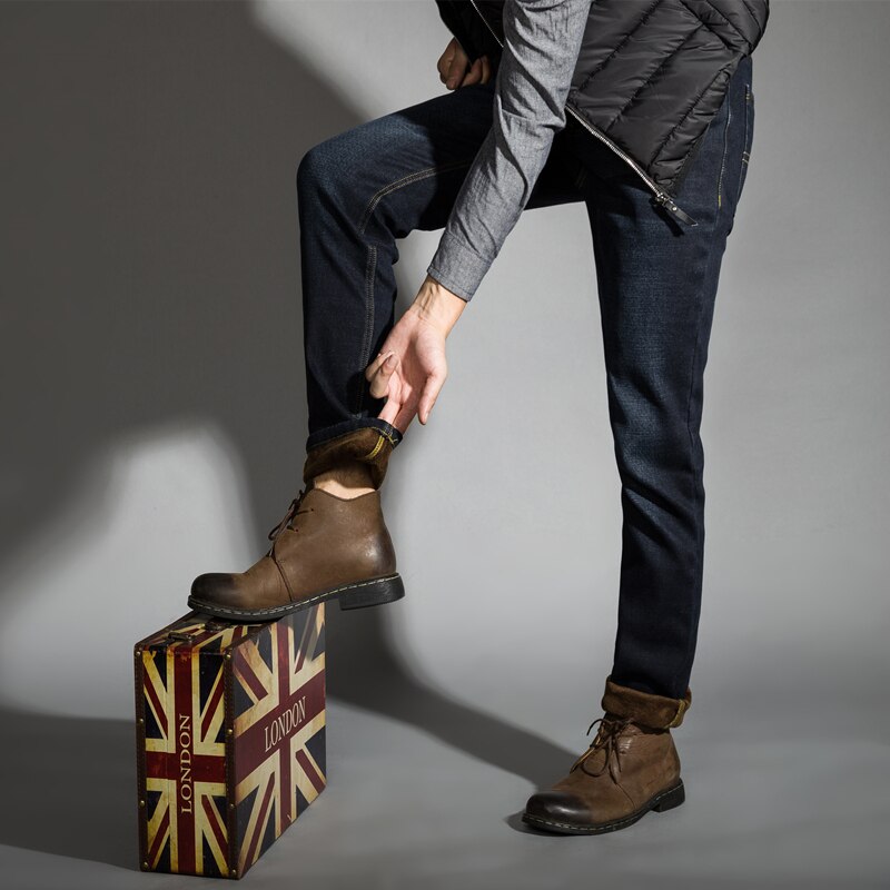 Inverno quente térmica flanela estiramento jeans dos homens de qualidade famosa marca velo calças homens em linha reta reunindo calças jean masculino 28-40