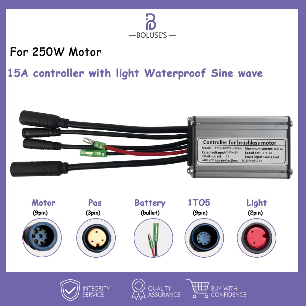 Ebike Controller Kt Sinus Controller Voor 250W-1000W Wiel Motor Controller Borstelloze Motor Controller Met Sm/waterdichte Stekker: KT-15A WP Sinewave