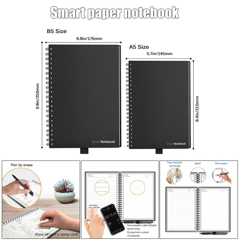 Libreta A5/B5 inteligente, reutilizable, borrable, de papel, borrado en la nube, con forro de bolígrafo, JHP