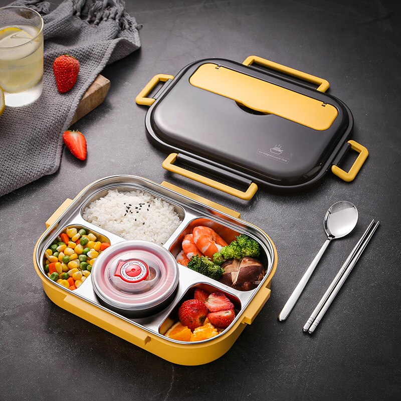 Rostfritt stållåda för barn matlagring isolerad lunchbehållare japansk mellanmålslåda frukost bento låda med soppkopp: Gul