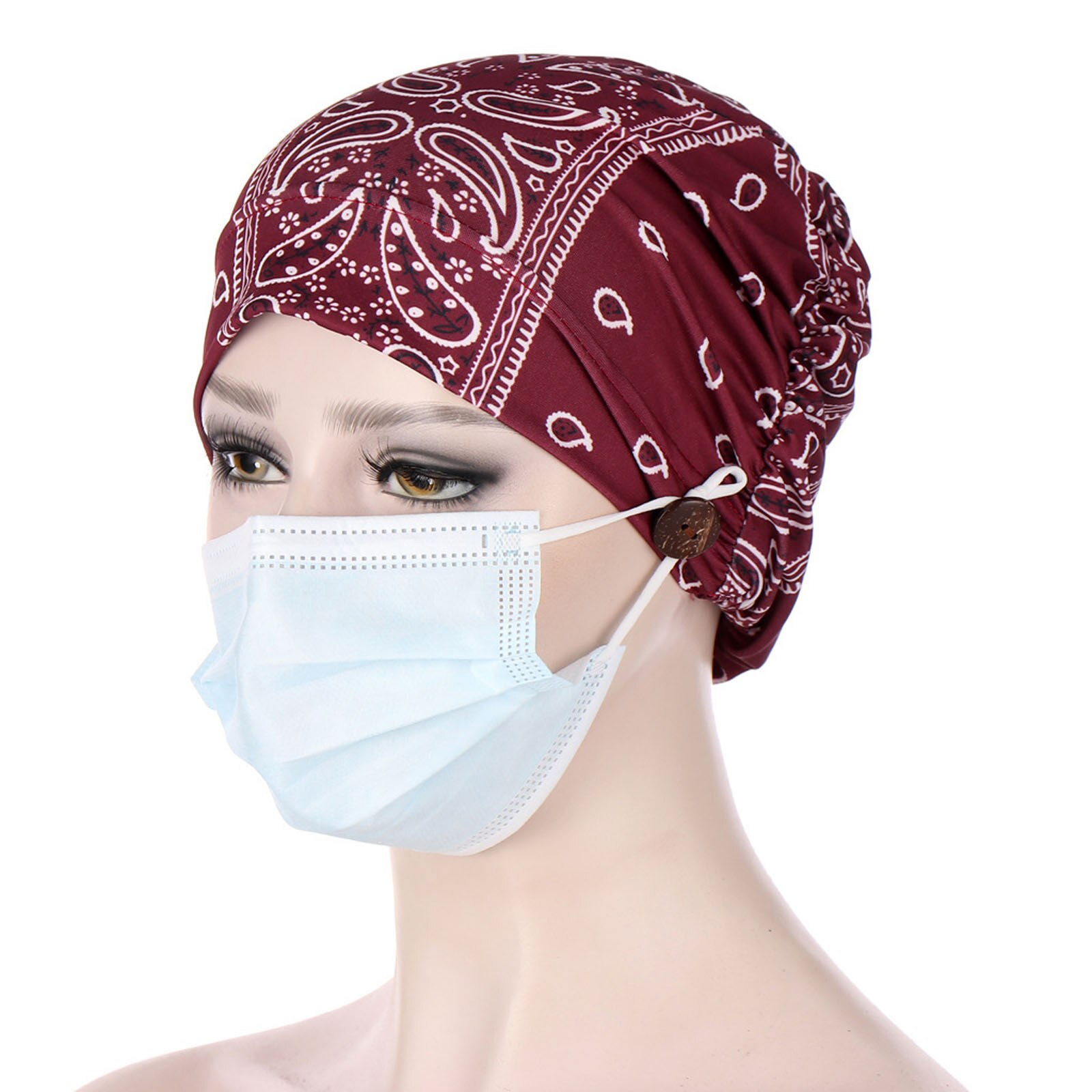 Women's hats with buttons Indian nurses work men's hats Muslim cancer chemical hats beanies wrap caps: E