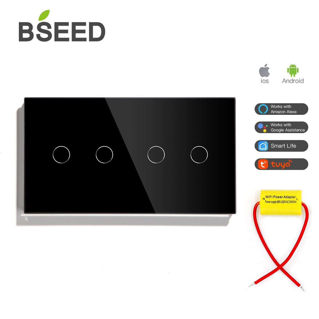 BSEED WIFI Double 2Gang 1way Light Switches Smart Touch Sensor Wall Switch Google Alexa Smart Life App Control Singlive Wire: Black 4Gang