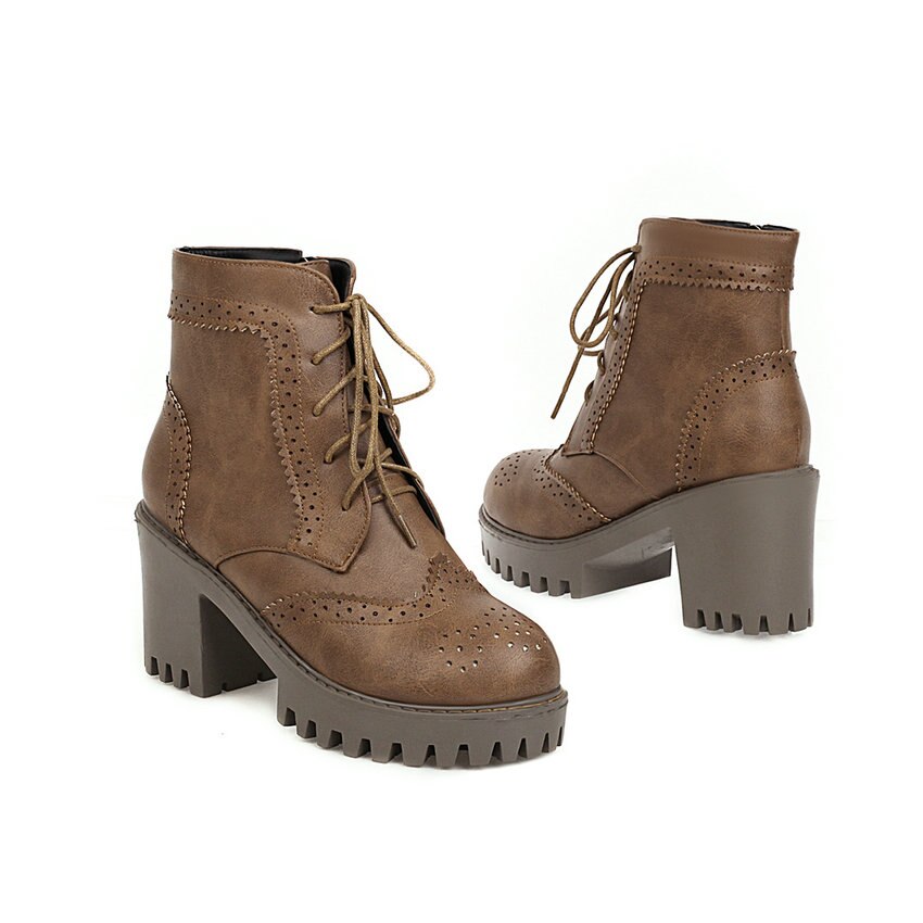 QUTAA Plattform runden Zehe lässig Knöchel Stiefel Platz hoch Hacke kurz Stiefel Spitze hoch Reißverschluss alle Spiel Frauen Schuhe Größe 34-43: Braun / 12