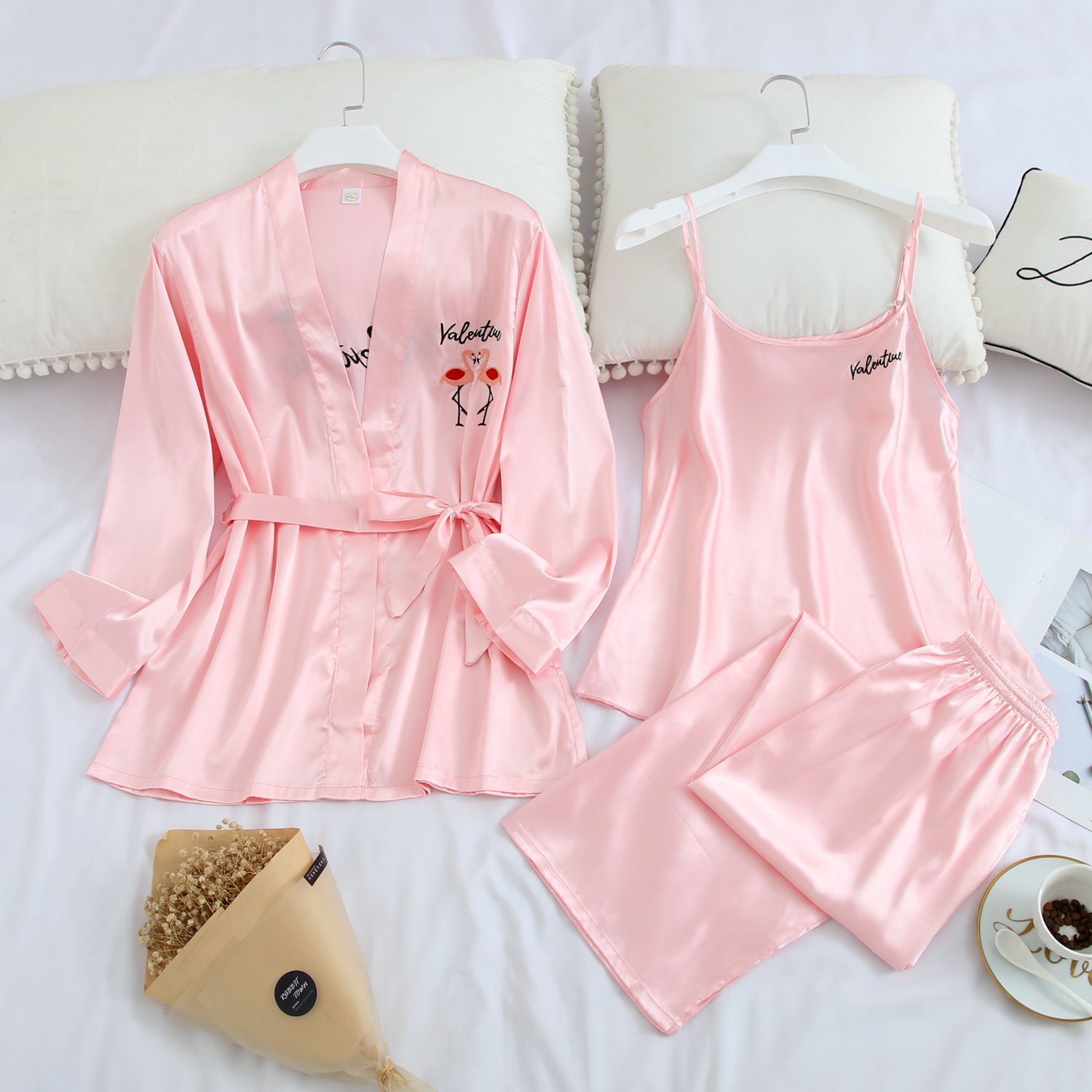 Sexy Women's Ice Silk Three-Piece Spring and Autumn Home Casual Pijamas Sleepwear Cardigan Silk Home Service Thin: Light Pink - 3pcs