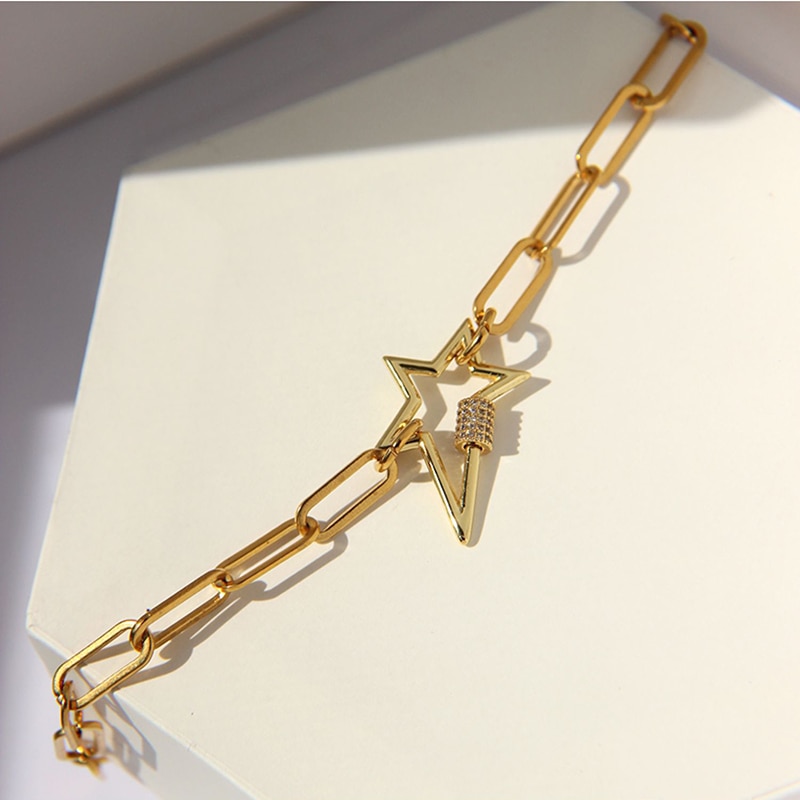 Peri'sBox Gold Color Large Paper Clip Chain with Star Carabiner Necklace Pave CZ Stone Statement Necklaces for Women
