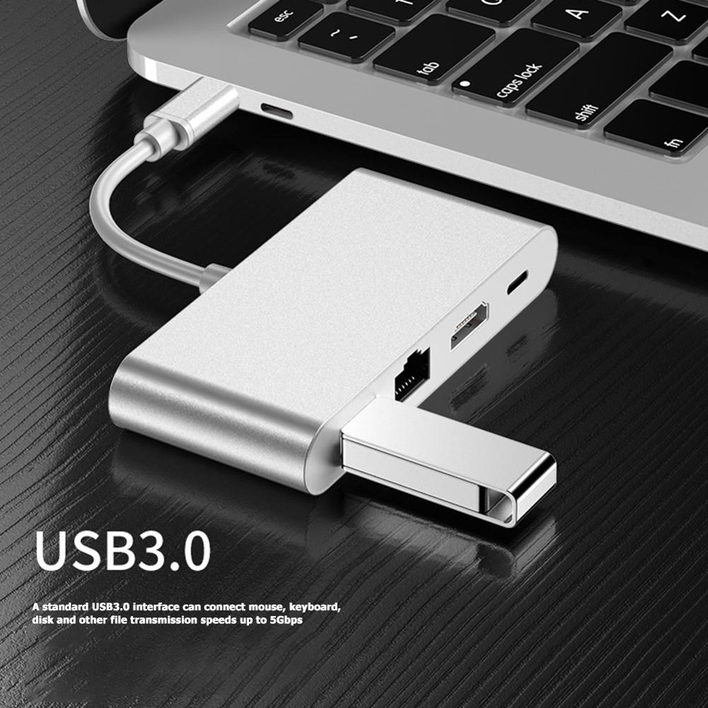 HW-TC42 4 in 1 USB Type-C HUB USB3.0 PD RJ45 Ethernet Dock Adapter RJ45 Gigabit Ethernet Port+ USB3.0 + PD for Laptop&Phones