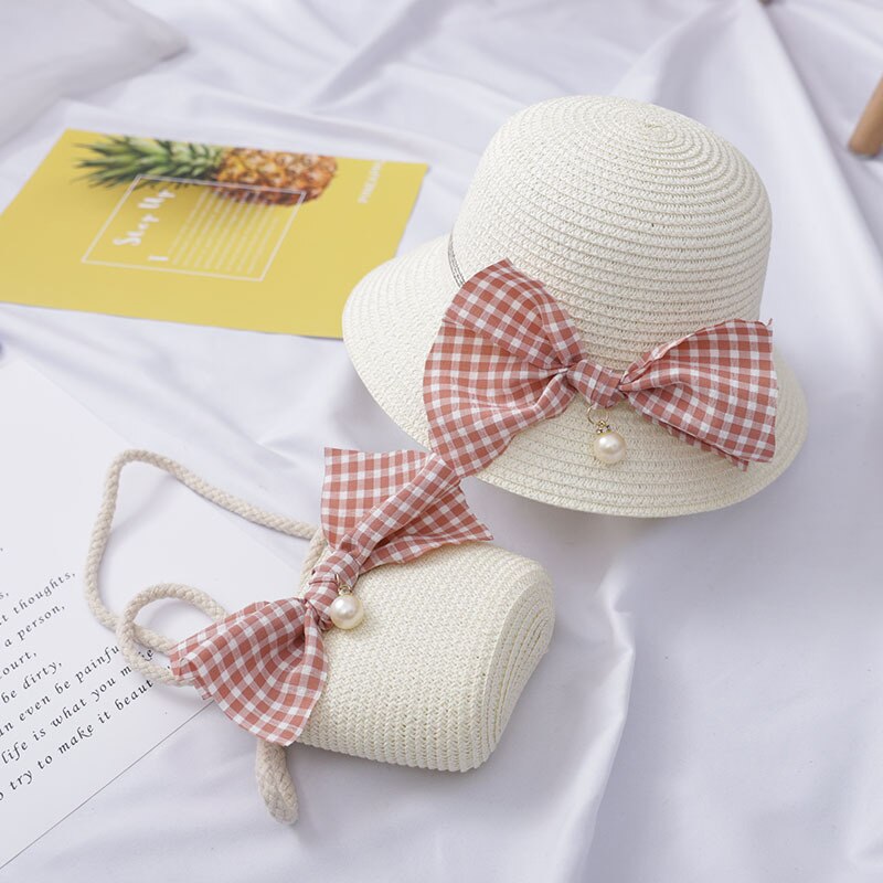 Sombrero de paja de princesa con flores para bebé, sombrero de paja con bolsa de mano, visera de Sol para niño y niña, protección UV, Sombrero de Panamá con lazo: 005