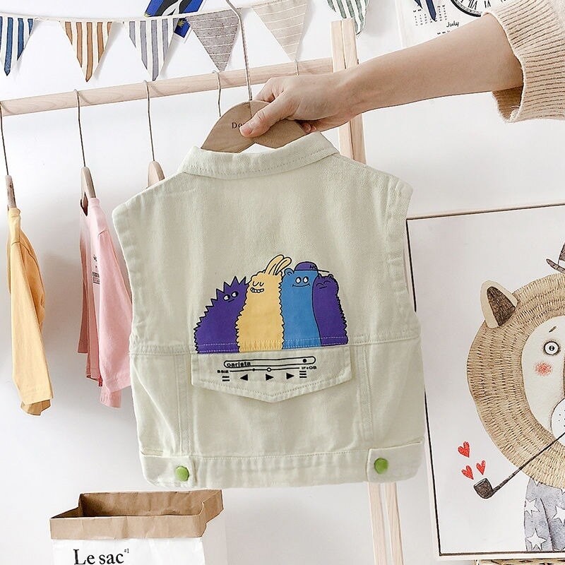 Meisjes Denim Vest Jassen Mouwloze Buttom Lente Kids Kleding Pocket Cartoon Printing Jassen Vest Kinderen Kleding