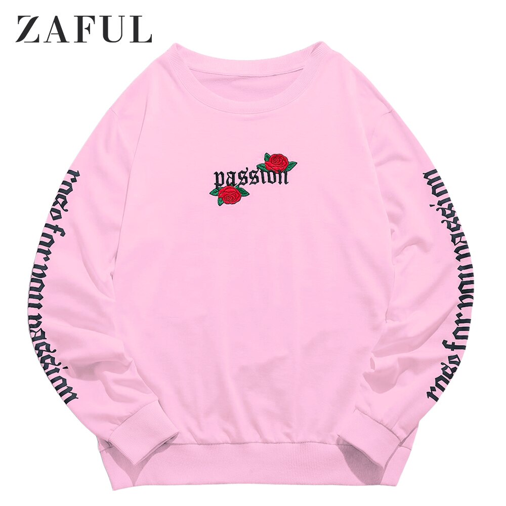 ZAFUL Männer Rose knapp Bestickt Hüfte-hüpfen Sweatshirts Männlichen Langarm Blumen- drucken lässig zur Seite fahren Outwear Plus Größe: hell Rosa / XL