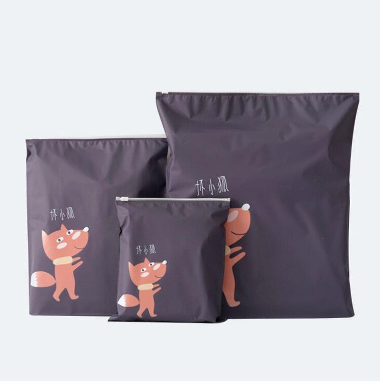 Cute 3pcs Separate Bags Travel Bundle Pocket Set Waterproof Drawstring Clothing Collection PEVA Cartoon Shoes Underwear Org: Brown