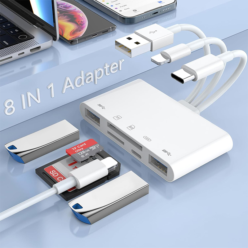 8 in 1 SD-kaartlezer USB HUB voor iPhone iPad MacBook Lightning/USB/Type C naar SD TF-kaart Geheugenlezer Flash Drive OTG-adapter