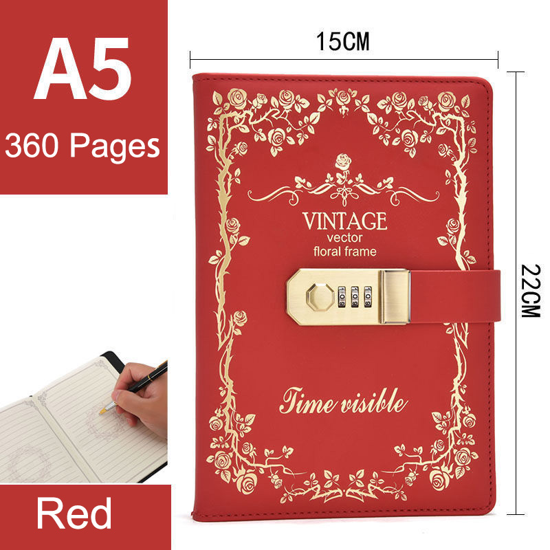 Password Lock Notebook A5 360 Pages Diary Notebook B6 300 Page Students Secretly Keep Notebook Diary Hand Ledger: A5 Red