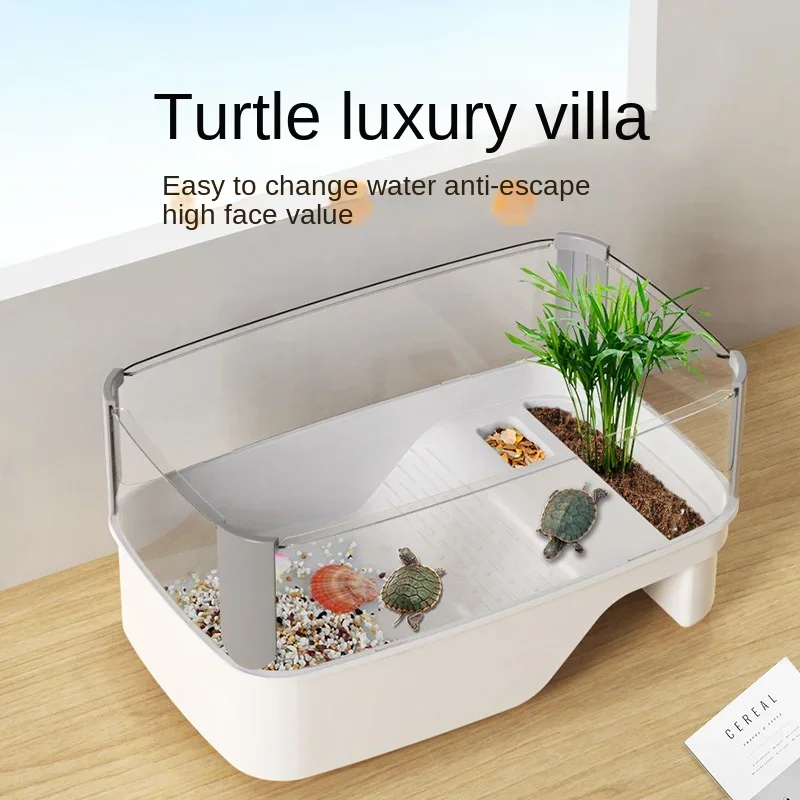 Maison de réservoir de tortues en plastique transparent, avec zones pour racer, alimentation, natation, poubelle, boîtier intérieur, Cage de tortues d'eau, Habitat de Reptile