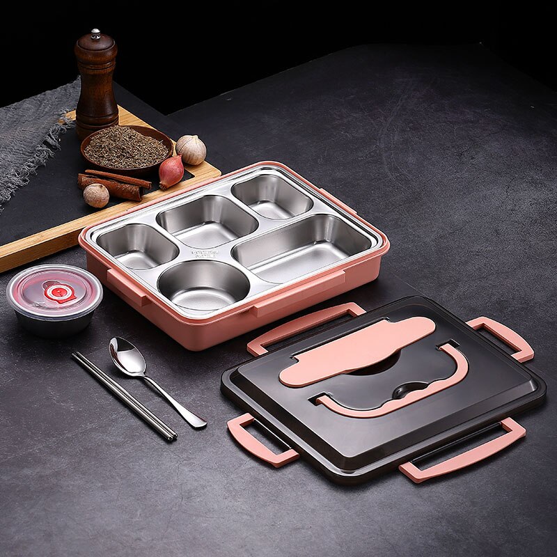 WORTHBUY Japanese Lunch Box For Kids 18/8 Stainless Steel Bento Box With Compartments Tableware Kitchen Food Storage Container: Pink With Bowl