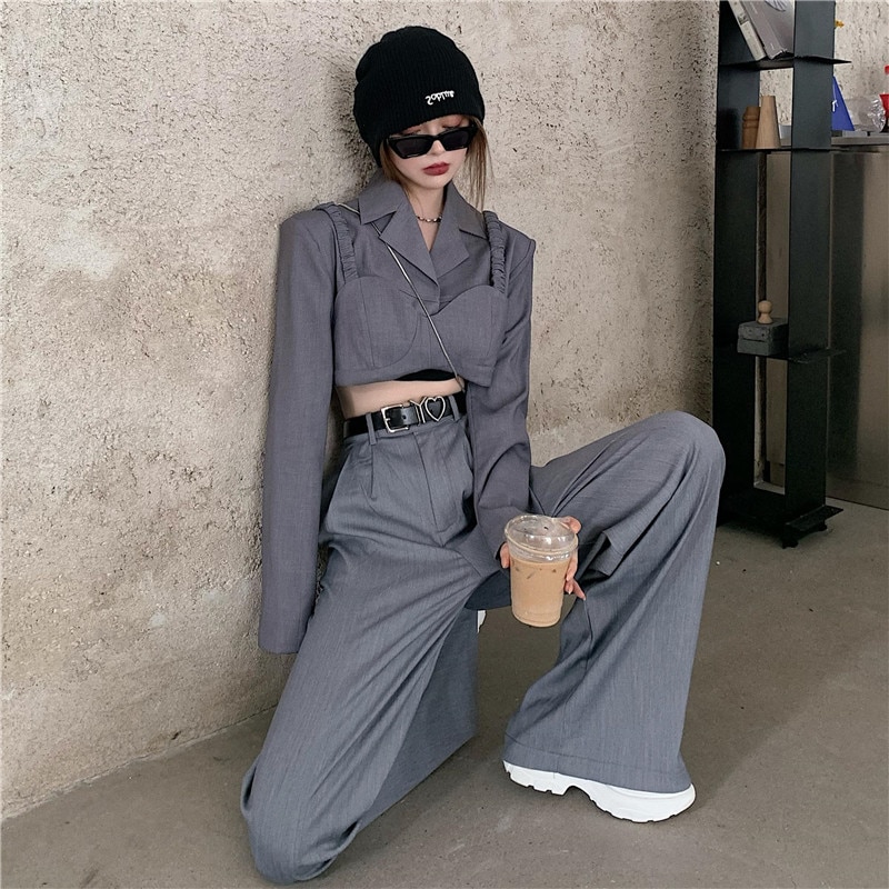 British style women suit two pieces set high waist wide leg pants pants and short suit coat casual female set