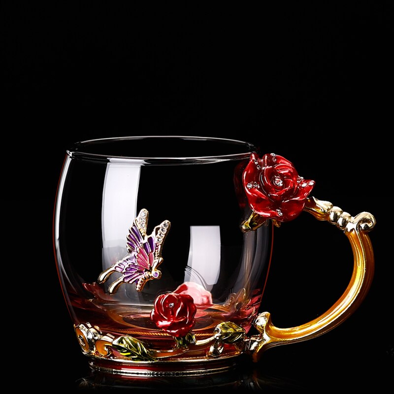 Glass Coffee Mug Tea Cup Enamel Crystal Flower High-grade Handgrip for Lover Wedding R2078: Red 1