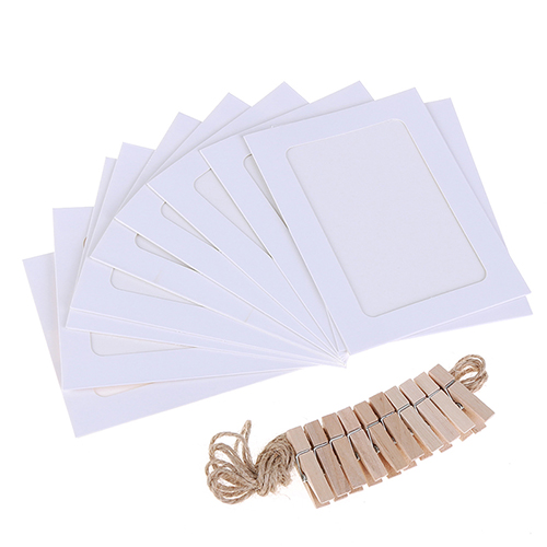 10Pcs DIY Kraft Paper Photo Frame 3-7 inch Hanging Wall Photos Picture Frame Kraft Paper With Clips and Rope For Family Memory: White / 3 inch