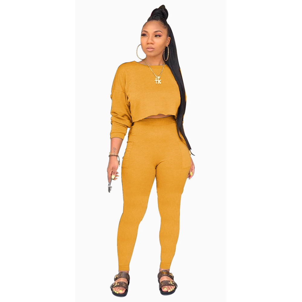 Echoine Autumn O-neck Two Pieces Set Long Sleeve Sweatshirt + Pant Suit With Pocket Tracksuit Women Solid 5 Color Plus Size 2XL: yellow / S