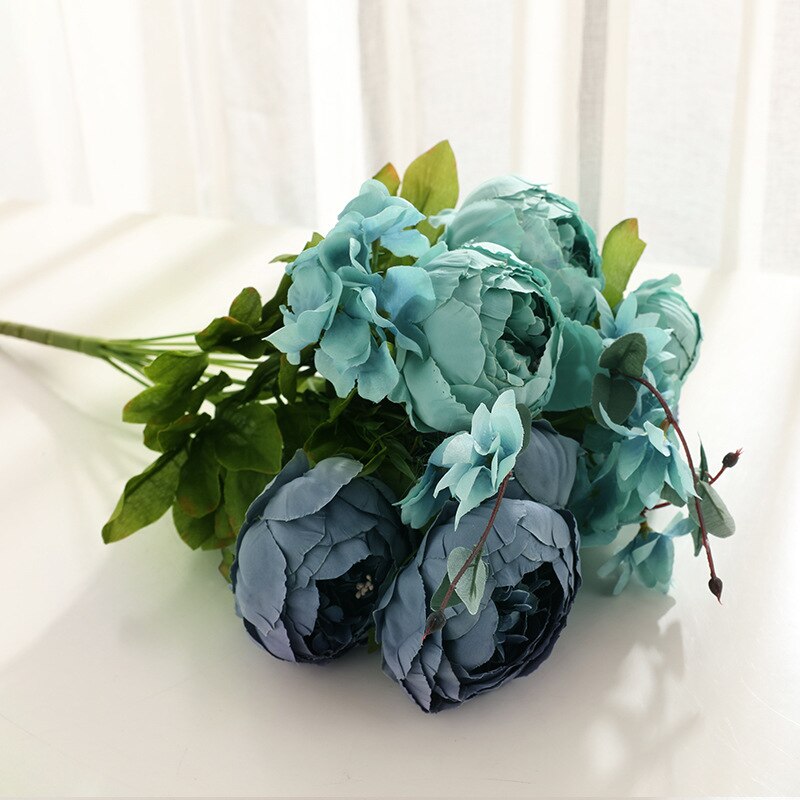 13 grener små ferske, kunstig silkepionbuketter store blomster til bryllupsfest kontorhotell og hjemmedekorasjon: 10