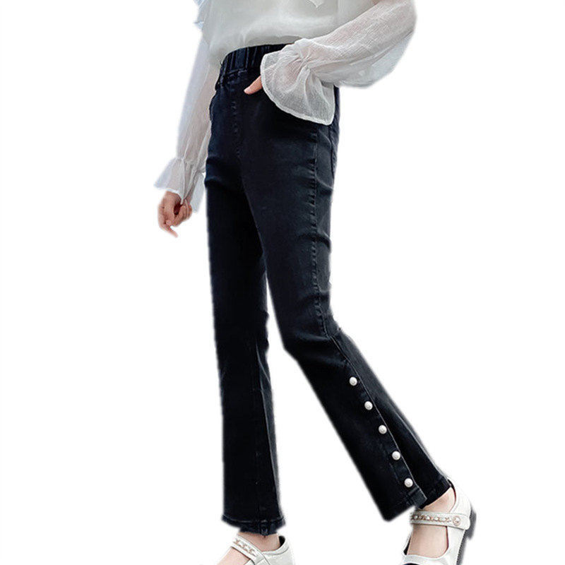 Jeans For Girls Black Boot Cut Pants with Pearl Casual Style Kids Elastic Split Flare Pants Spring Autumn Clothes 6 8 10 12 14Y