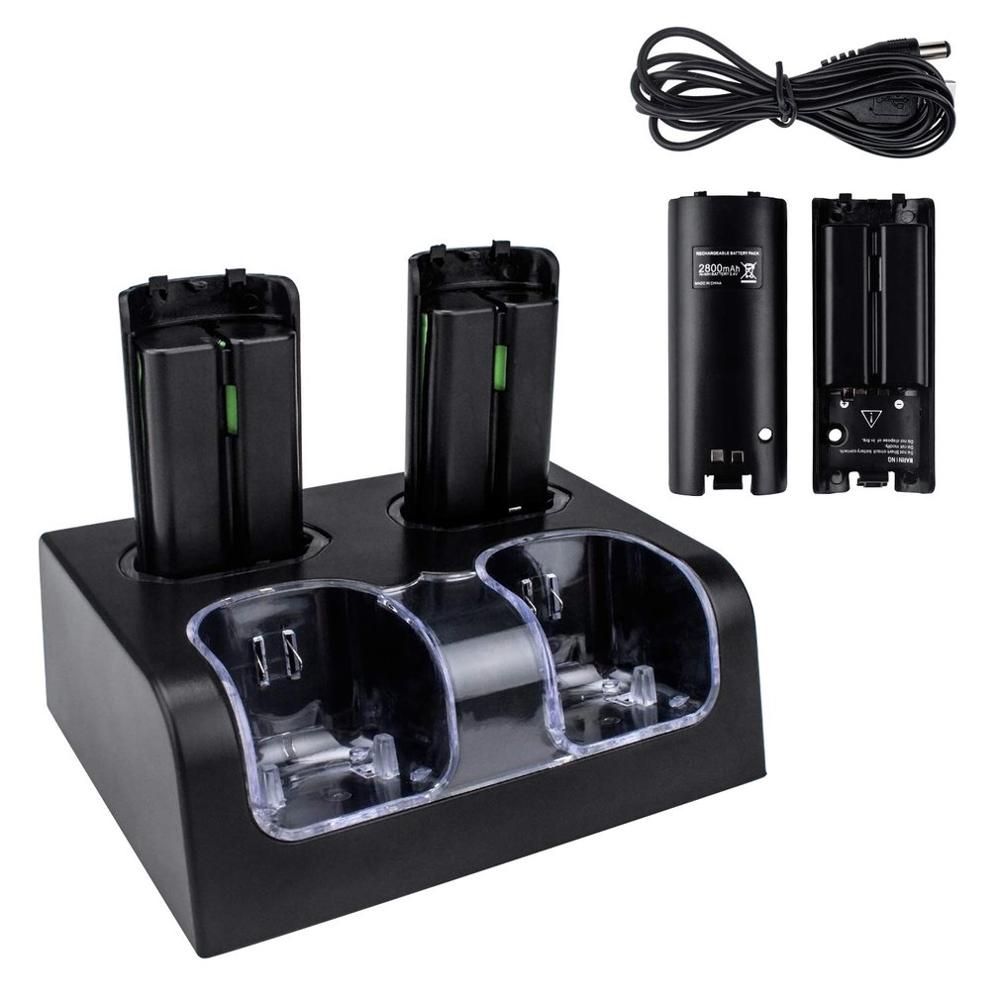 4 in 1 led afstandsbediening opladen dock station + 4x2800mAh batterij voor wii u: Zwart