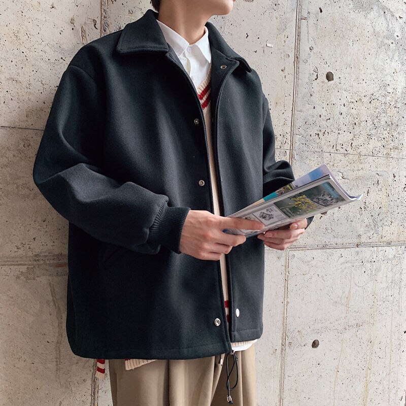 Vinter kort yllerock herr slimmade enfärgade casual yllejackor herr streetwear vild koreansk stil yllerock herr